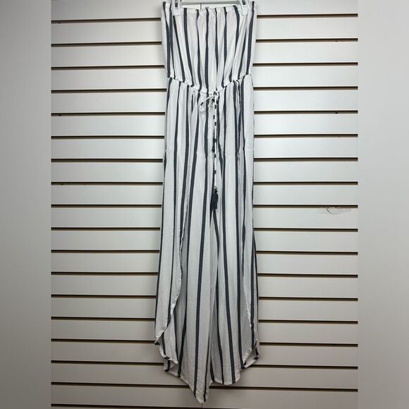 White Striped High Waist Strapless Sleeveless Slit Front Wide Leg Jumpsuit Sz S - Picture 1 of 8